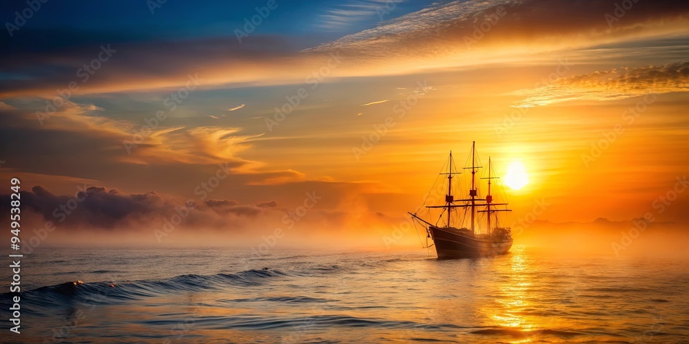 Fototapeta premium Silhouette of ship on misty sea at sunset creating a serene atmosphere