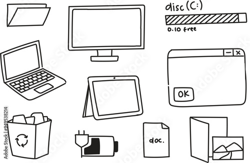 Icons technology for working vector illustrations computer, tablet, disc, laptop, folder, document, folder