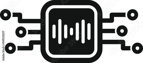 This black and white vector icon represents the concept of digital signal processing, with a soundwave displayed on a circuit board