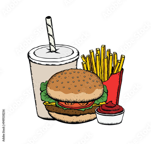 Vector illustration of a cheeseburger, French fries and a drink