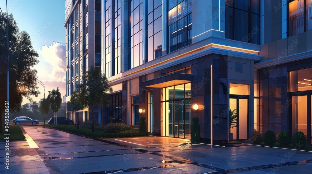 Fototapeta premium Modern Building Entrance at Dusk