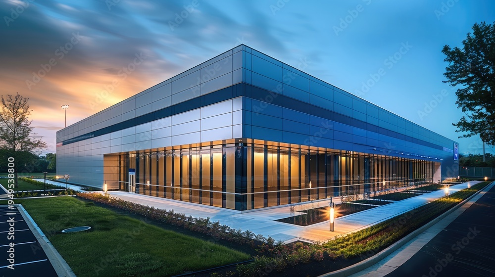 High-tech, modern data center exterior, clean precast concrete, reflective glass and steel architecture, large scale rectangular footprint, Sleek Modern Style. Generative AI. High-tech, modern data center exterior, clean precast concrete, reflective glass and steel architecture, large scale rectangular footprint, Sleek Modern Style. Generative AI.