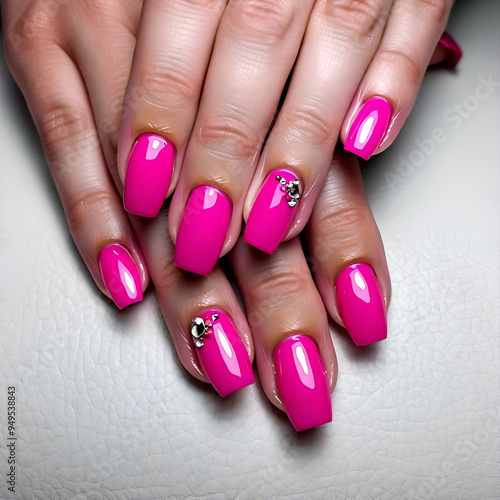  Glossy hot pink nails with a smooth finish, making a bold and confident statement for any modern fashion-forward individual.