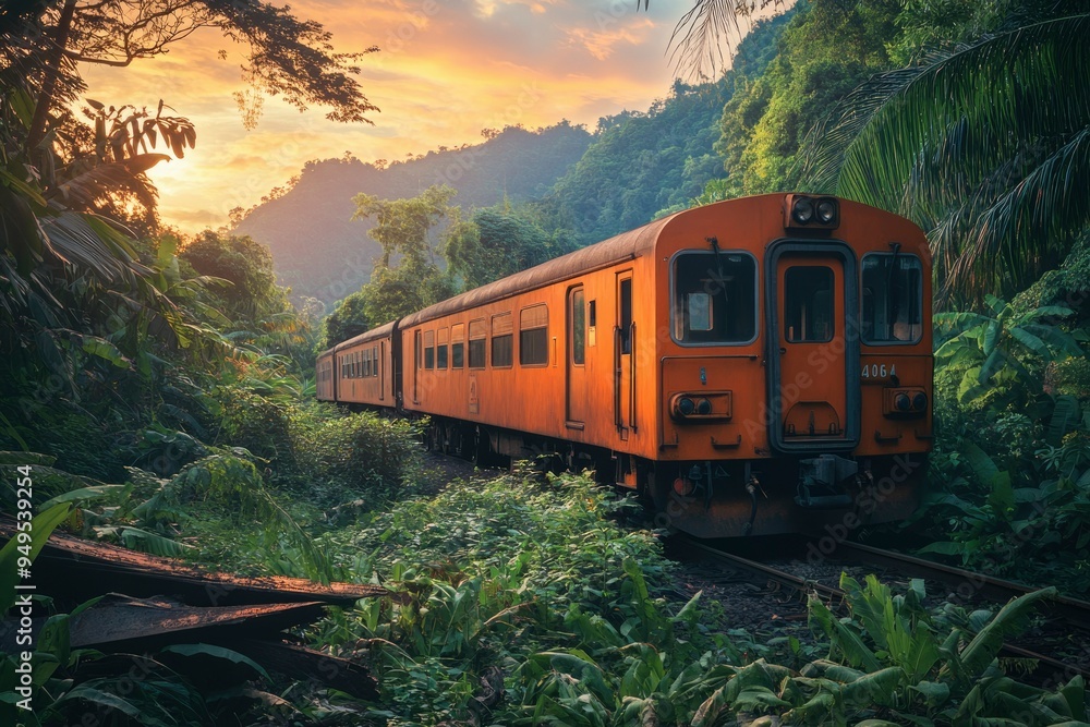 Fototapeta premium A Rusty Train Traveling Through Lush Green Jungle at Sunset