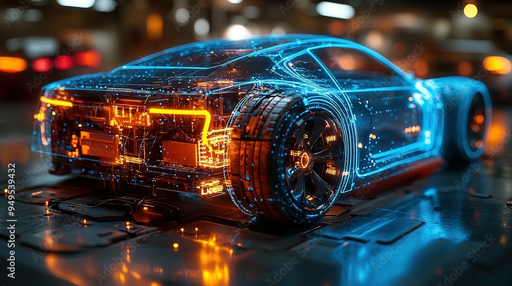 Transparent Blue and Orange Futuristic Car with Illuminated Interior Transparent Blue and Orange Futuristic Car with Illuminated Interior