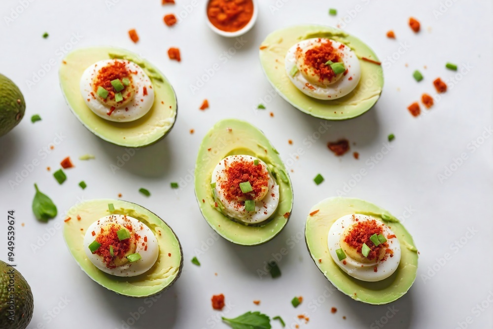 Avocado Deviled Eggs: Avocado deviled eggs placed on a plain white surface, garnished with a light sprinkle of paprika Avocado Deviled Eggs: Avocado deviled eggs placed on a plain white surface, garnished with a light sprinkle of paprika