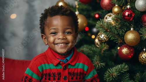 child toddler african boy christmas tree background portrait 