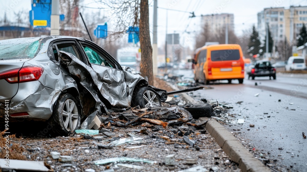 Obraz premium An image depicting a severe car accident with a badly damaged vehicle on the roadside, highlighting the aftermath and destruction caused by the collision.