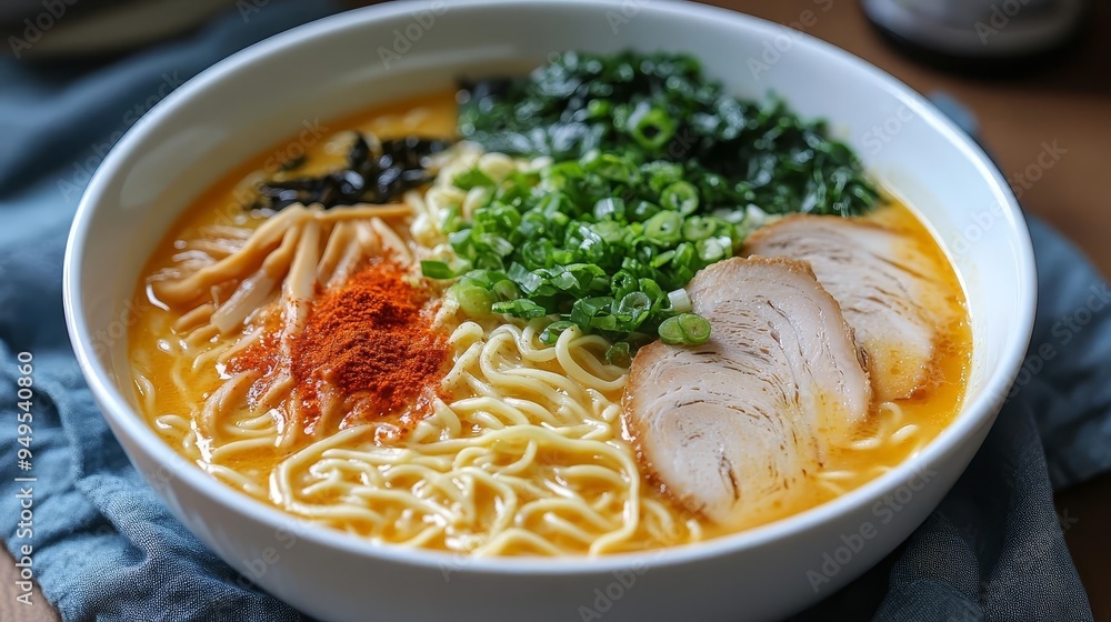Minimalist ramen composition with clean white bowl, subtle cream to pastel blue gradient, sharp noodle details, large copy space, modern and elegant presentation Minimalist ramen composition with clean white bowl, subtle cream to pastel blue gradient, sharp noodle details, large copy space, modern and elegant presentation
