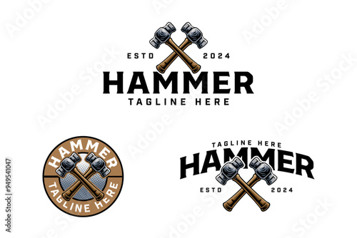 crossed iron hammer logo design for craftsman and laborer handyman professional with crossed steel hammer sign symbol modern logo. set of hammer tool emblem badge logo illustration