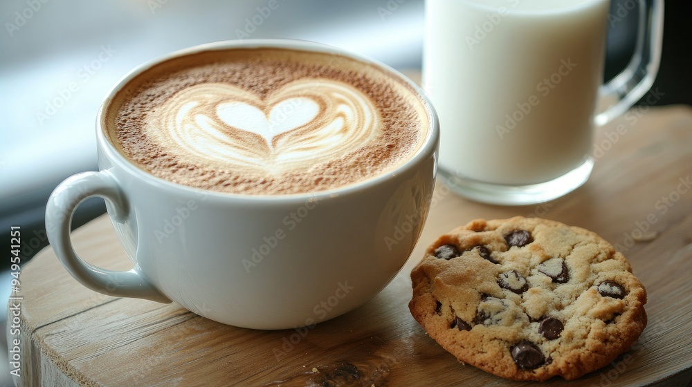 A close-up of a creamy latte with a heart design, accompanied by a cookie and a glass of fresh milk on a wooden table, perfect for a morning treat A close-up of a creamy latte with a heart design, accompanied by a cookie and a glass of fresh milk on a wooden table, perfect for a morning treat