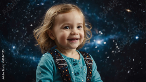 child toddler caucasian girl space cosmos background portrait 