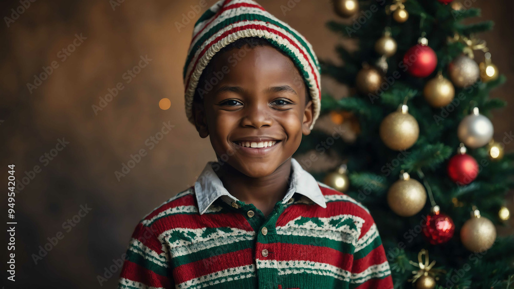 young kid african boy christmas tree background portrait young kid african boy christmas tree background portrait