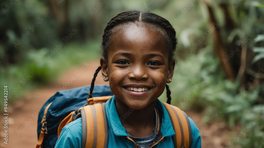 young kid african girl hiking trail background portrait young kid african girl hiking trail background portrait
