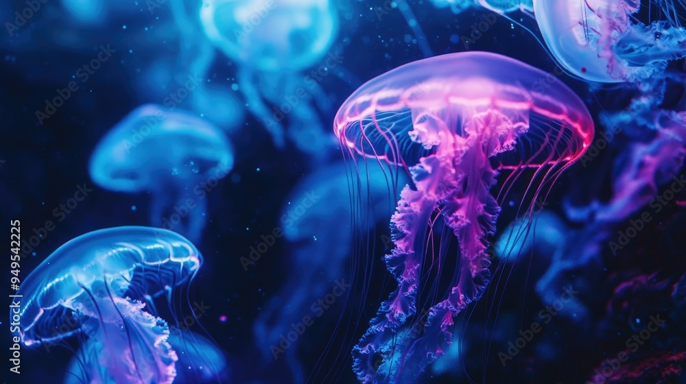 A cluster of glowing jellyfish, their tentacles gently flowing in a dark aquarium, bathed in an eerie blue neon light A cluster of glowing jellyfish, their tentacles gently flowing in a dark aquarium, bathed in an eerie blue neon light