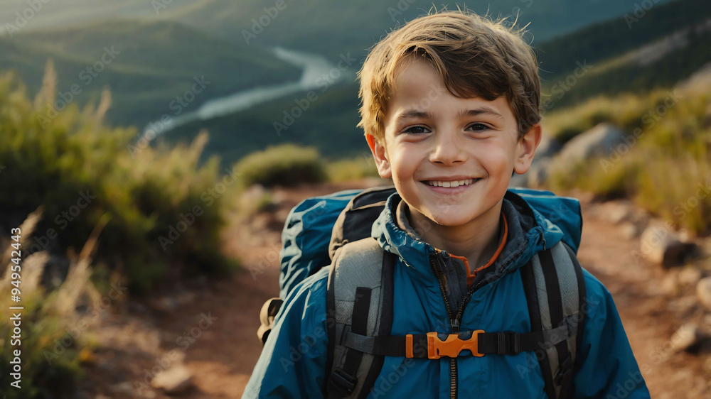 young kid caucasian boy hiking trail background portrait young kid caucasian boy hiking trail background portrait