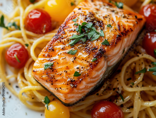 eat the best - A close-up shot of a perfectly seared salmon fillet on top of pasta, garnished with fresh herbs and vibrant cherry tomatoes. The focus is on the dish.