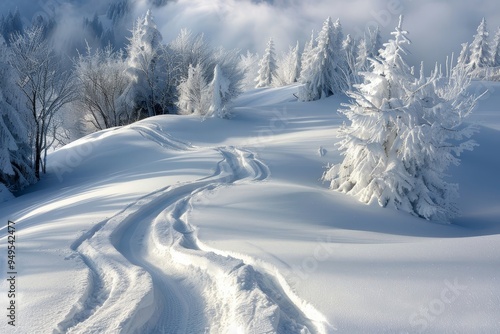 A hill covered in snow with trees and clouds in the background, Snow-covered landscapes with winding ski tracks