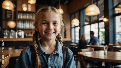 young kid caucasian girl cafe restaurant background portrait 