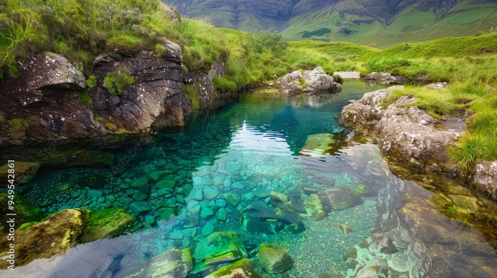 Crystal clear water in a small mountain lake with rocky shores. Crystal clear water in a small mountain lake with rocky shores.