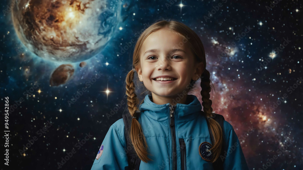 young kid caucasian girl space cosmos background portrait young kid caucasian girl space cosmos background portrait