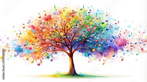 Colorful puzzle tree made of music notes in abstract watercolor painting