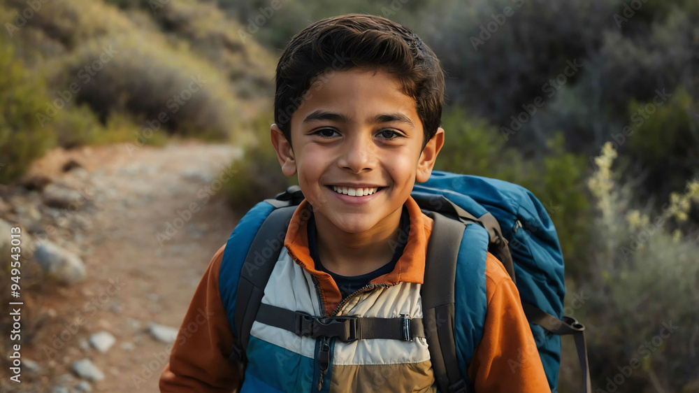 young kid hispanic boy hiking trail background portrait 
