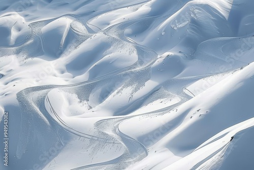 Aerial perspective of a mountain covered in snow with winding ski tracks, Snow-covered landscapes with winding ski tracks
