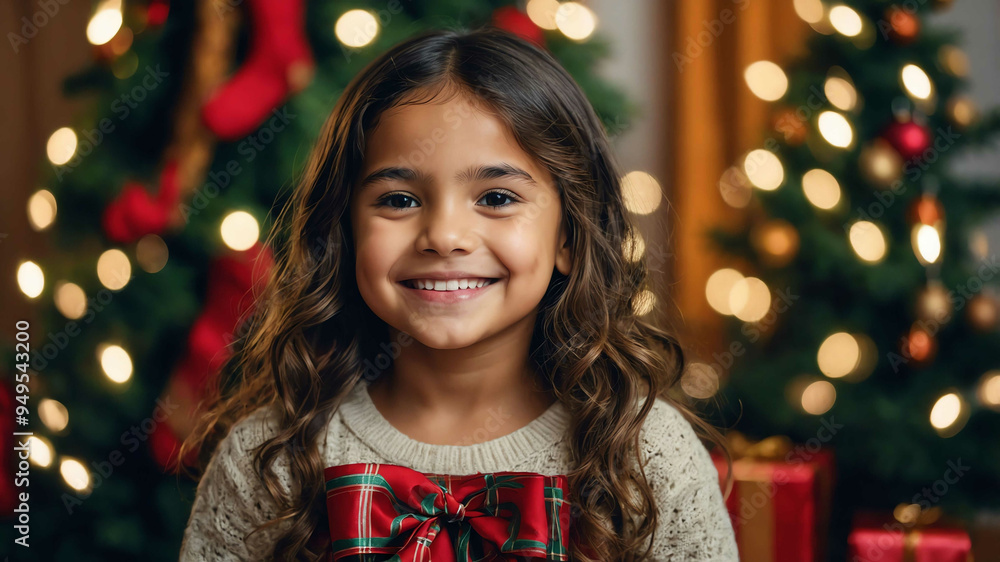 young kid hispanic girl christmas tree background portrait young kid hispanic girl christmas tree background portrait