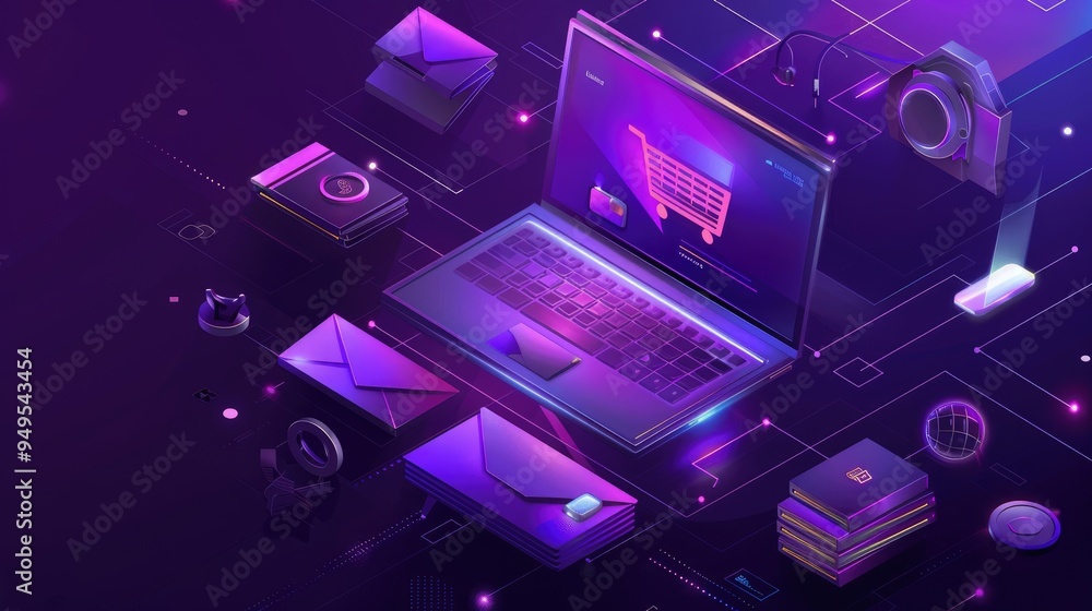 A purple laptop with a shopping cart on the screen A purple laptop with a shopping cart on the screen