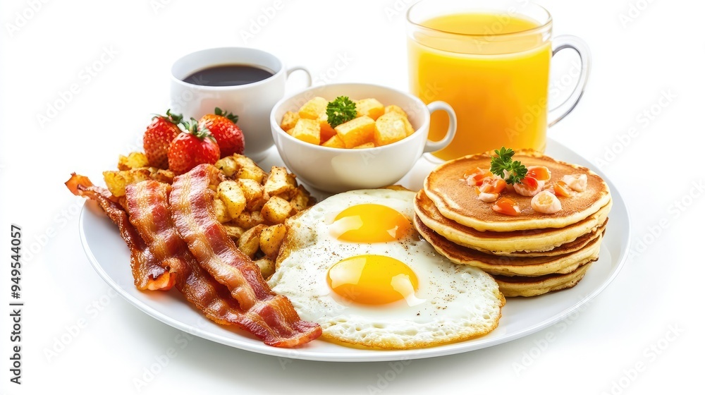 A delicious breakfast arrangement with sunny-side-up eggs, roasted bacon, golden hash browns, stacked pancakes, orange juice, and coffee on a clean white background A delicious breakfast arrangement with sunny-side-up eggs, roasted bacon, golden hash browns, stacked pancakes, orange juice, and coffee on a clean white background