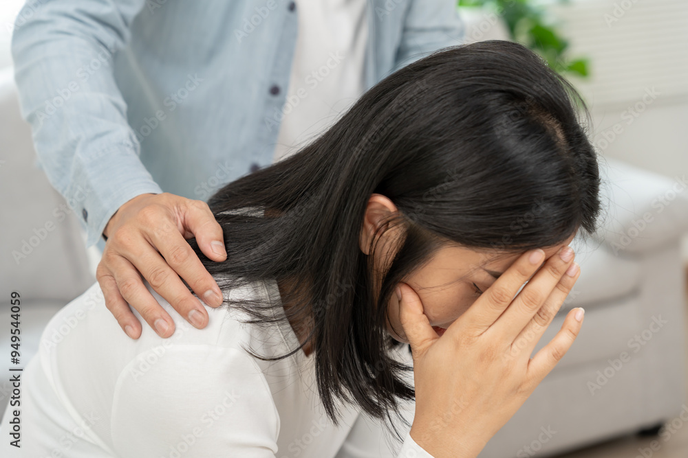 Fototapeta premium Couple support each while discussing family issues with psychiatrist. Husband encourages and empathy wife suffers depression. psychological, save divorce, Hand in hand together, trust