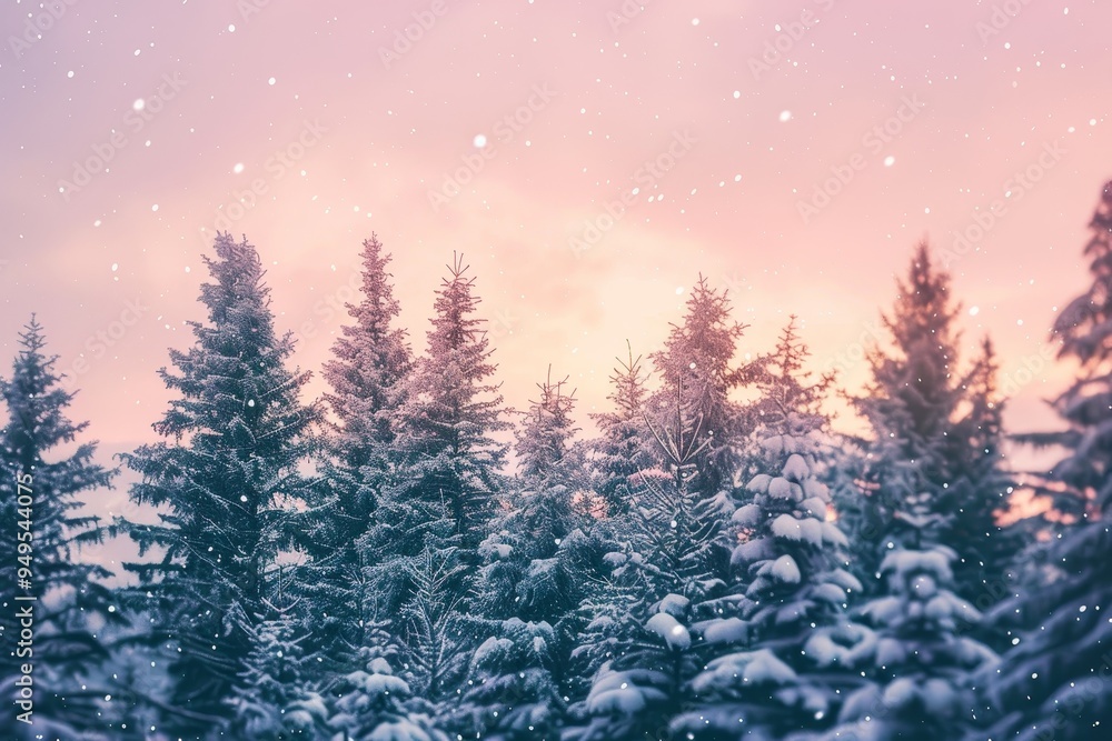Naklejka premium A snow-covered forest filled with dense pine trees in a winter landscape, Snow-covered pine trees against a soft pink sunset