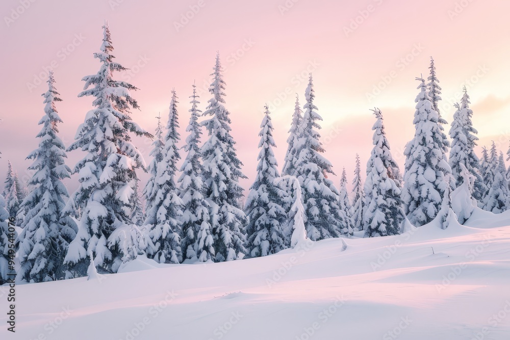 Pine trees covered in snow under a pink sunset, Snow-covered pine trees against a soft pink sunset Pine trees covered in snow under a pink sunset, Snow-covered pine trees against a soft pink sunset