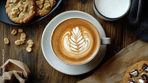 A delicious breakfast spread on a wooden table featuring a latte with intricate art, a cookie, and fresh milk, creating a warm and inviting atmosphere