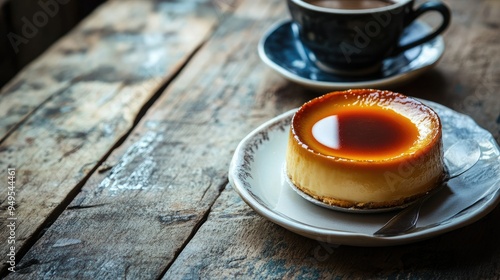 A delicious crame caramel with a perfectly set caramel layer, served with a cup of coffee on a rustic wooden table photo