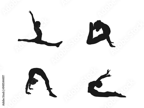 Gymnasts acrobats vector black silhouette. Silhouette of a pair of trapeze artist flying through the air. Vector illustration. Female artistic gymnastics silhouette vector design on white background.