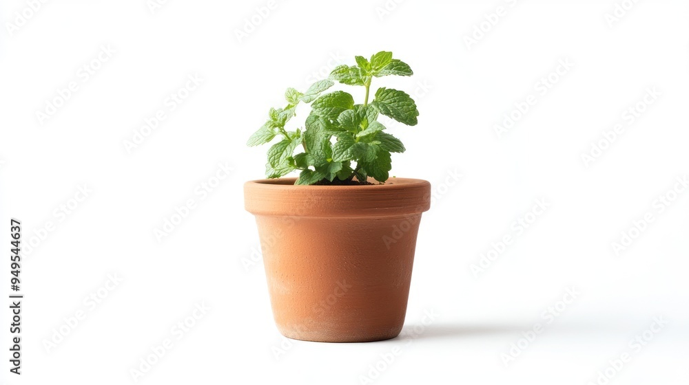 A healthy green plant with broad leaves growing in a classic terracotta pot, isolated on a white background with a clear and bright presentation. A healthy green plant with broad leaves growing in a classic terracotta pot, isolated on a white background with a clear and bright presentation.