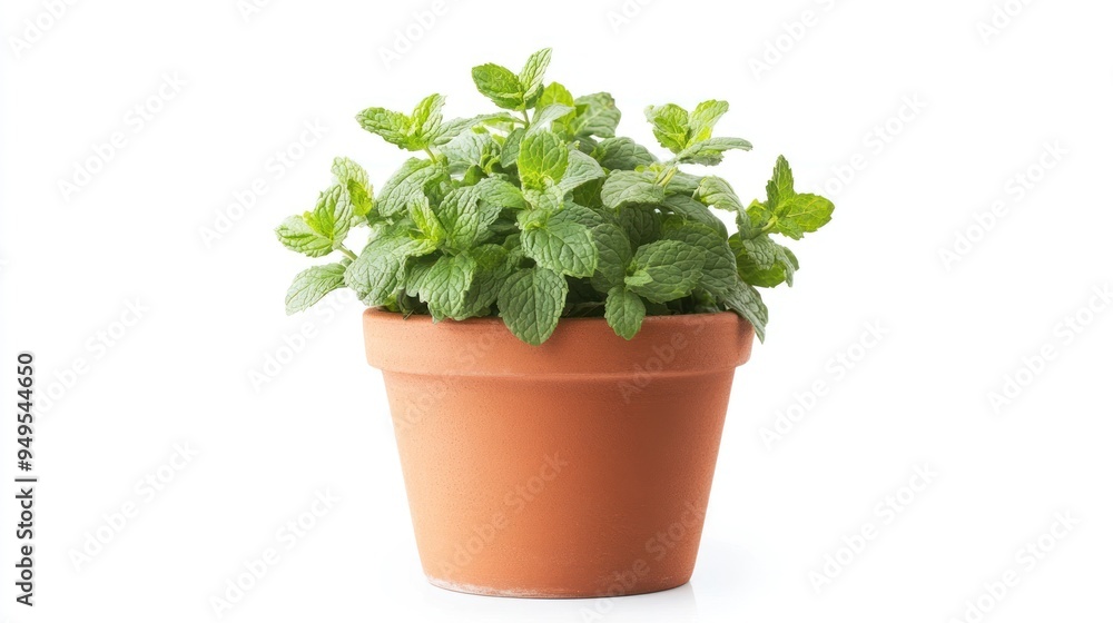 A terracotta pot filled with vibrant green mint leaves against a white background, showcasing the plant's lush growth and health. A terracotta pot filled with vibrant green mint leaves against a white background, showcasing the plant's lush growth and health.