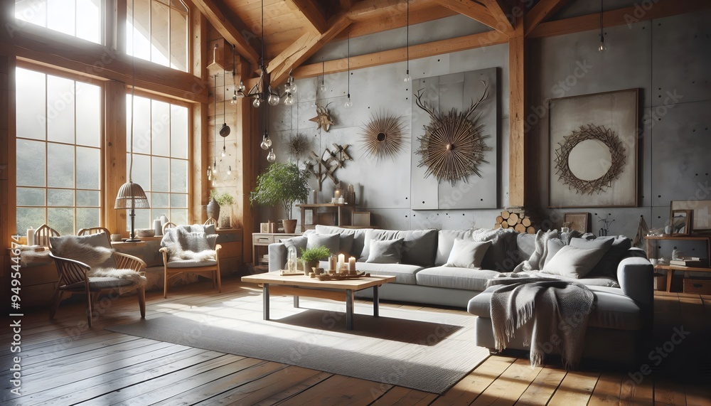 Fototapeta premium Cozy living room with wooden accents and natural elements, Cozy Living Room Ideas