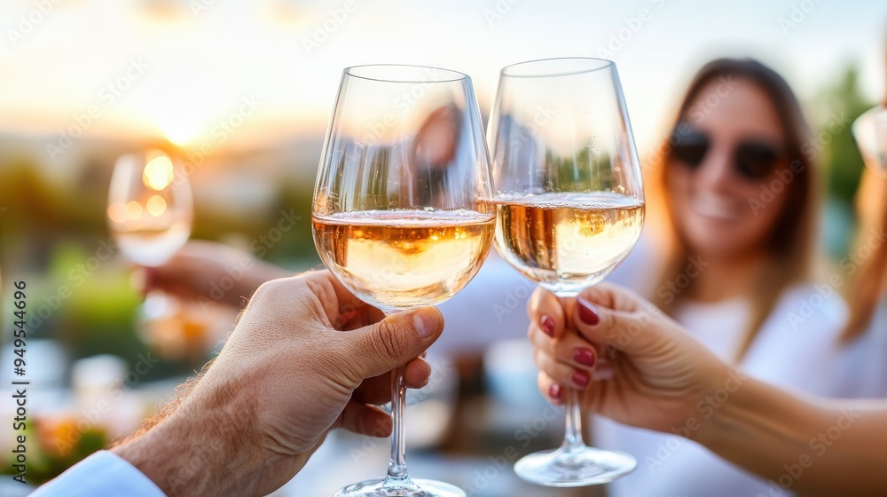Two individuals are raising and clinking their wine glasses filled with white wine in an outdoor setting while the sun sets in the background, celebrating together. Two individuals are raising and clinking their wine glasses filled with white wine in an outdoor setting while the sun sets in the background, celebrating together.