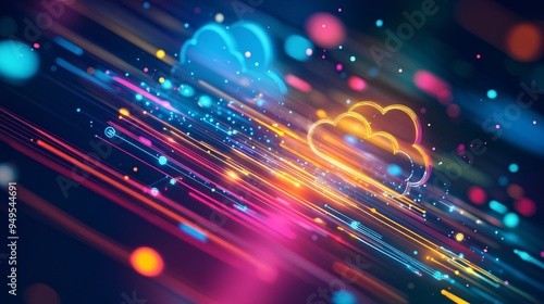 A vibrant illustration of a digital ecosystem with interconnected devices and cloud computing