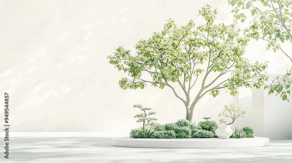 Obraz premium A single plant in a pot on planting area with the beautiful tree surrounded.