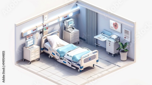 An isometric illustration of a modern hospital room, featuring a single patient bed, medical equipment, and bedside table. The design includes detailed elements such as a heart monitor. Generative AI.