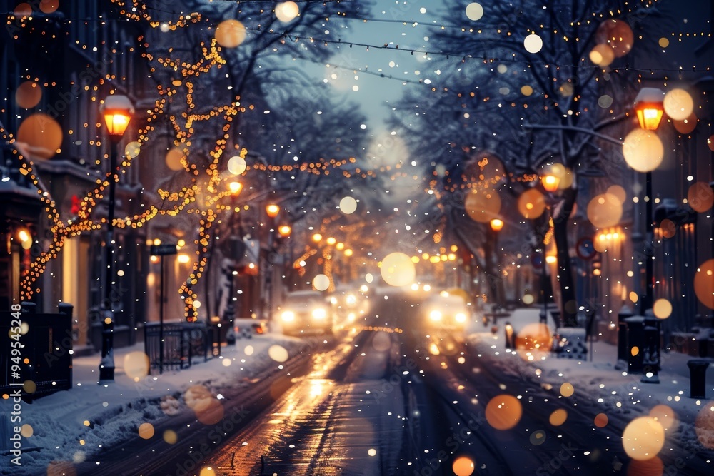 City street covered in thick layers of snow, with snowflakes gently falling from the sky, Snowflakes falling softly onto a city street adorned with twinkling lights City street covered in thick layers of snow, with snowflakes gently falling from the sky, Snowflakes falling softly onto a city street adorned with twinkling lights