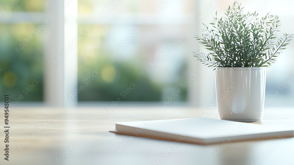 Image of wooden desk with rosemary plant in white pot and a notebook. Image of wooden desk with rosemary plant in white pot and a notebook.