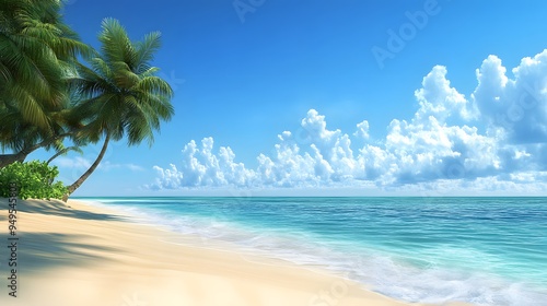 Tropical Beach Paradise: A pristine tropical beach with white sand, crystal-clear turquoise waters, and palm trees swaying gently in the breeze. 