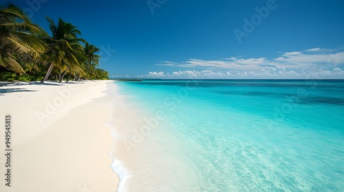 Tropical Beach Paradise: A pristine tropical beach with white sand, crystal-clear turquoise waters, and palm trees swaying gently in the breeze. 