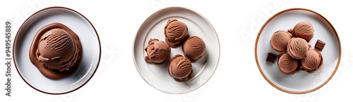 Cholcolate Ice-cream on white plate on transparent background top view