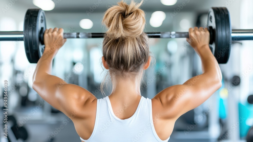 A fit woman with a blonde ponytail lifts a barbell in a modern, well-equipped gym, emphasizing strength training and fitness goals within a focused workout session. A fit woman with a blonde ponytail lifts a barbell in a modern, well-equipped gym, emphasizing strength training and fitness goals within a focused workout session.